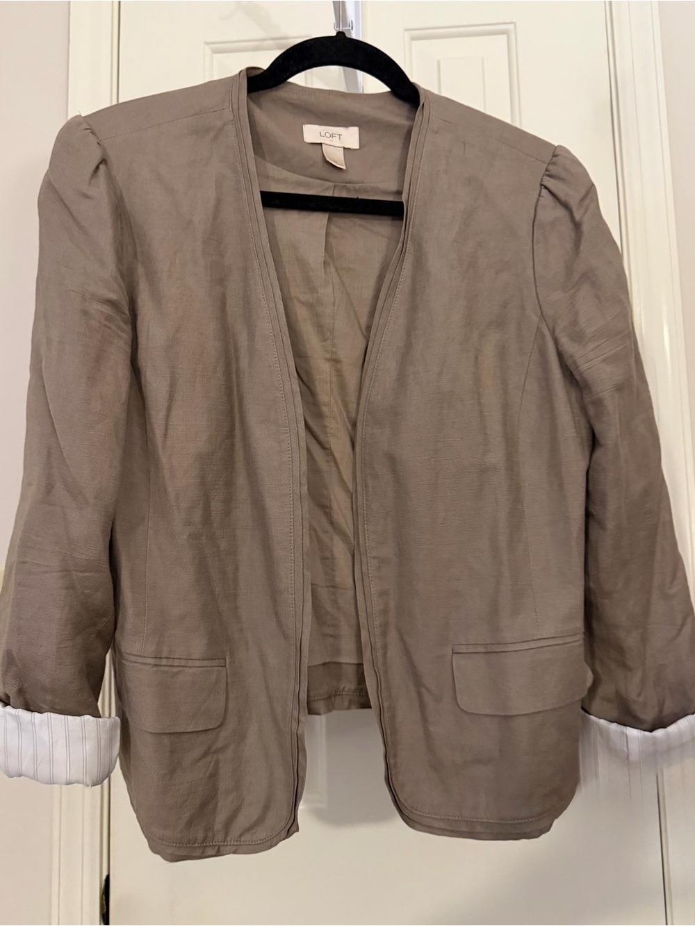 LOFT Light Taupe Collarless Open-Front Blazer